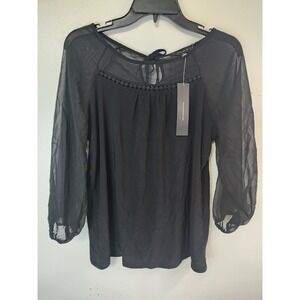 Atelier 29 Sheer Sleeve Blouse Tie Back Keyhole Black Top Womens Size L
